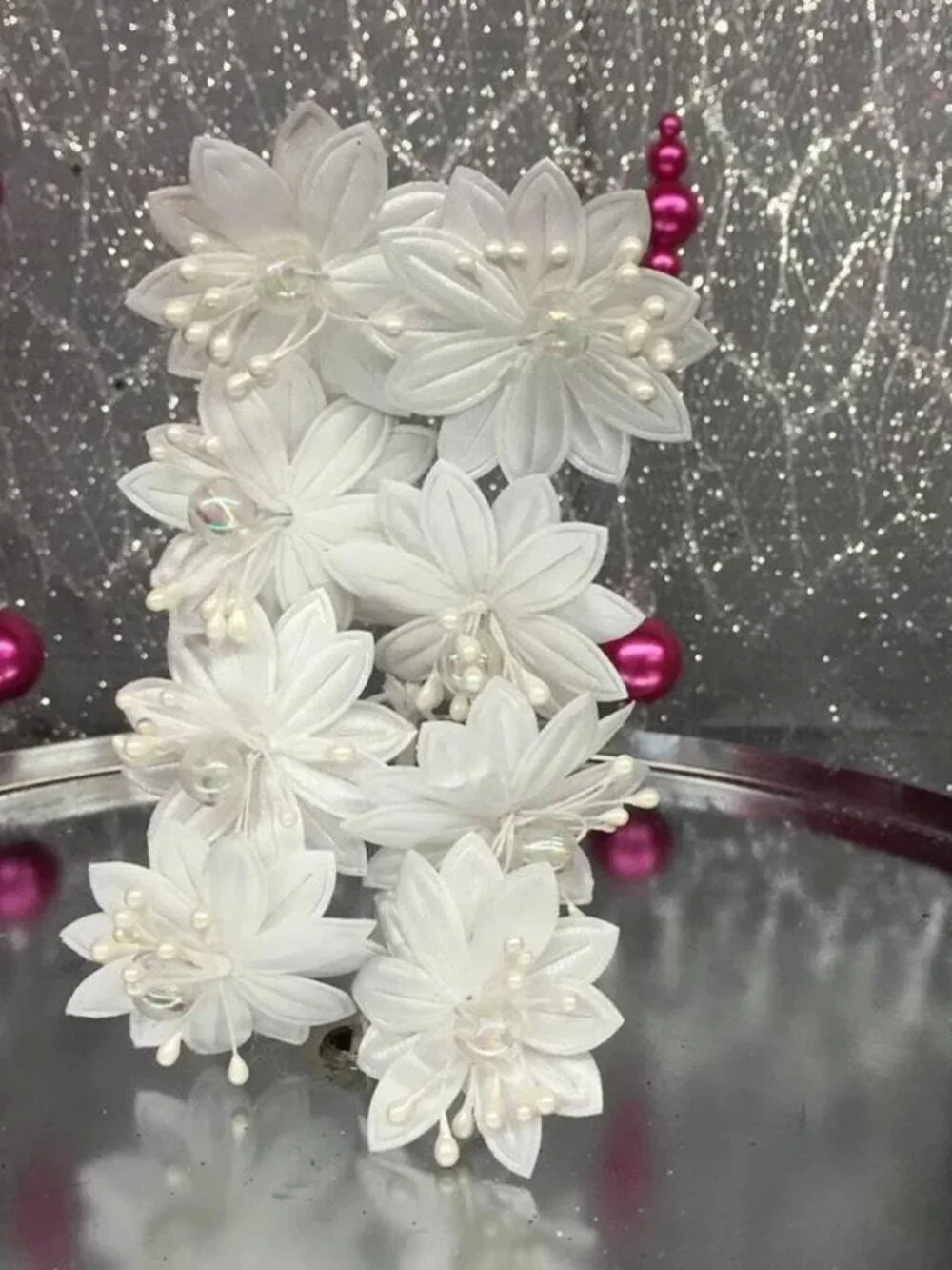 Satin Flowers with Clear Pearls on Stem Craft Party Supplies Corsage Flower Stem